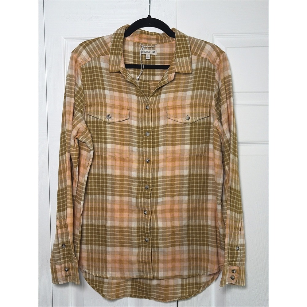 Toad&Co Re-Form Flannel Shirt Womens Size L Tan Pink Plaid Cotton Long Sleeve
